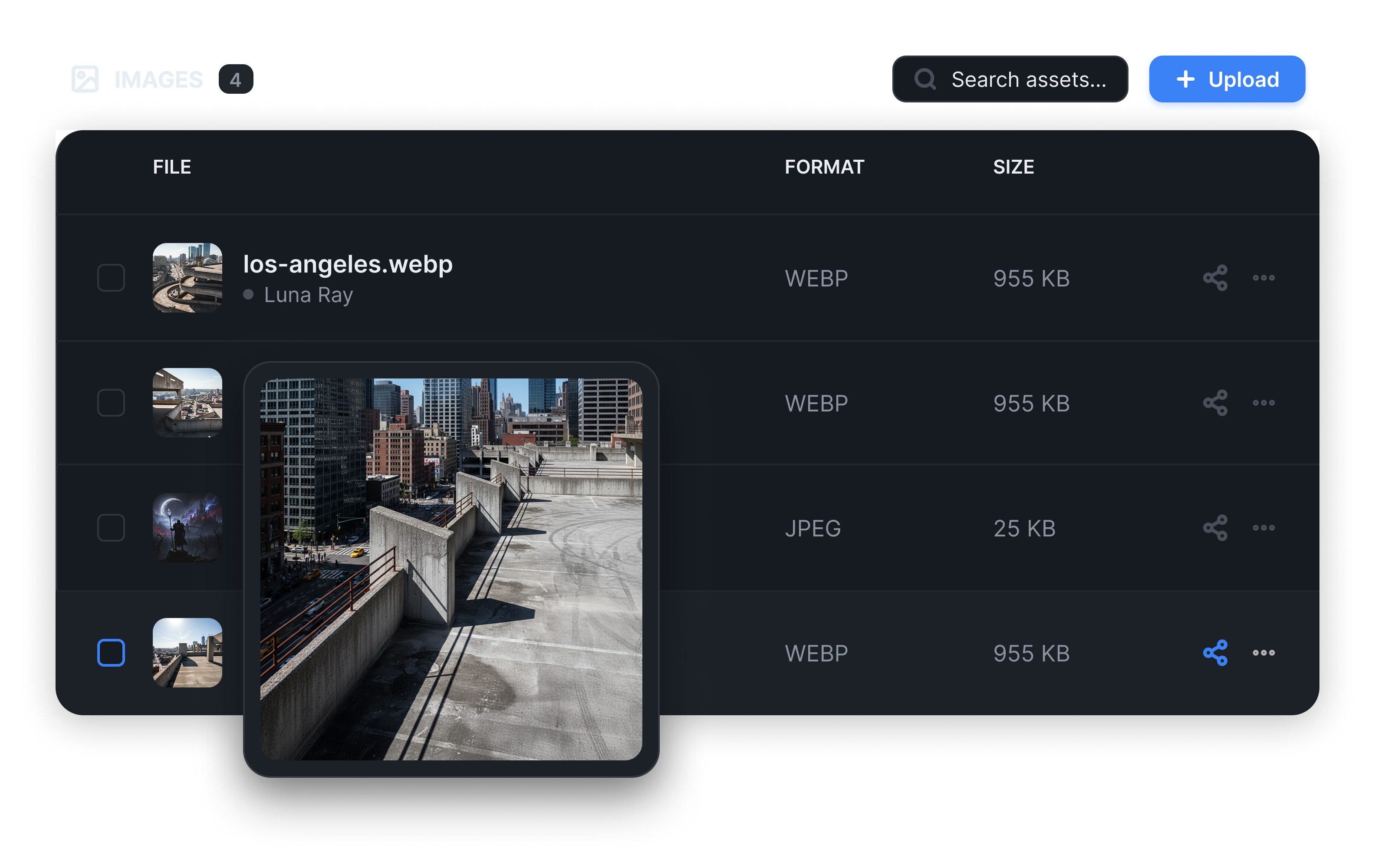 Malt's catalog and asset manager showing a media library with search, upload, file details, sharing controls, and an expanded preview